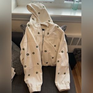 Forever 21 cream corduroy zip up hoodie jacket with embroidered flowers